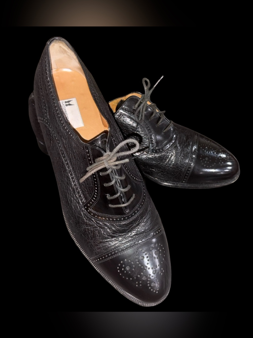 Moreschi Abano Oxford Dress Shoes Mens 13 Black Peccary & Calfskin Cap Toe - Picture 2 of 13